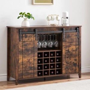 47" Coffee Bar Cabinet w/16 Wine & Glass Rack, Storage Shelves Farmhouse Wine Bar Sideboard w/Sliding Barn Door - 1 of 4
