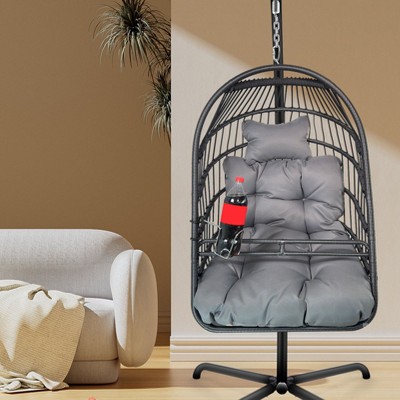 CAVINAS 350lbs Egg Swing Chair with Guardrail&Stand,Wicker Rattan Hanging Chair Indoor and Outdoor,Patio Hammock Chair for Balcony&Garden