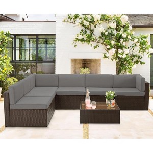 Cesicia 7-Piece Blue Sofa Set With Black PE Rattan Frame, Garden Patio Wicker Sectional Sofa Set with Coffee Table for Backyard, Porch, Balcony - 1 of 4