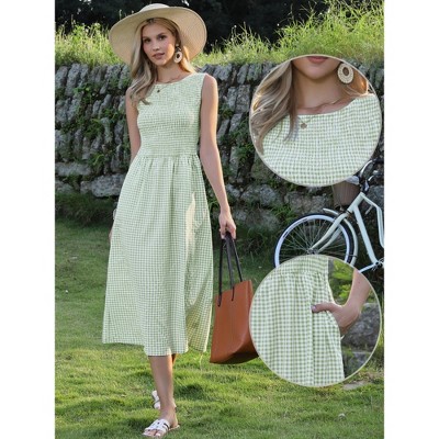 Женские платья INSPIRE CHIC Women's Plaid Smocked Sleeveless Crew Neck Flowy Summer A-Line Midi Dresses Large Light Green — фото 2