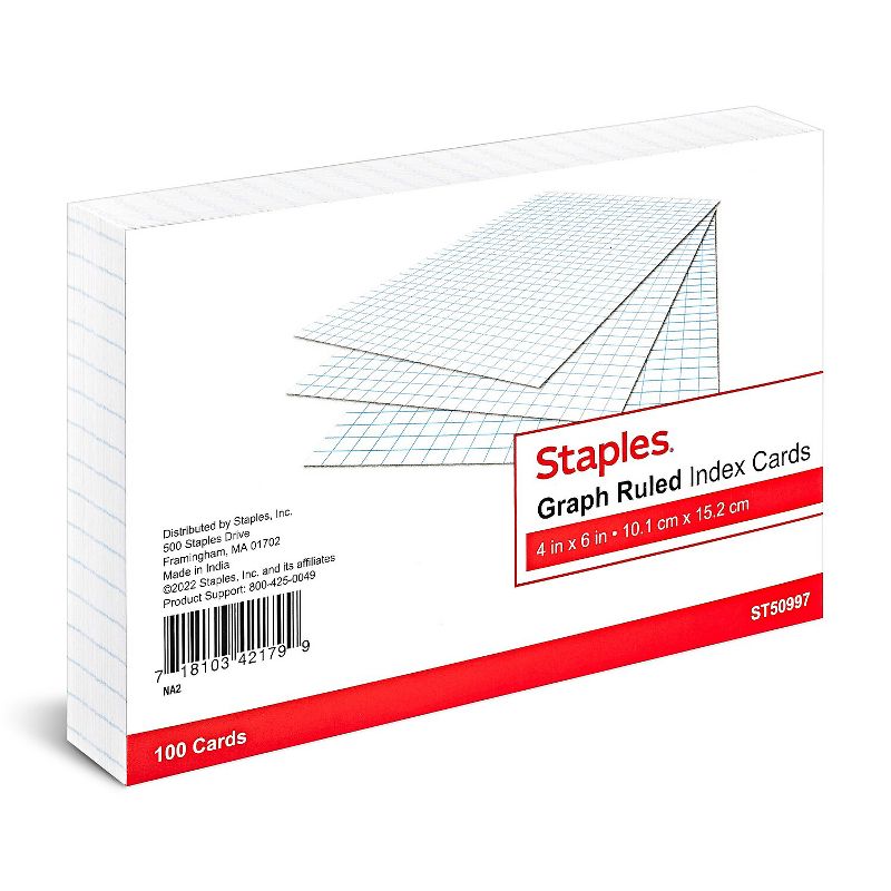 Staples 4" x 6" Graph Ruled White Index Cards 100/Pack (50997) TR50997, 1 of 6