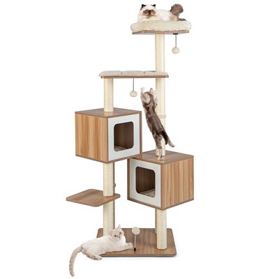 Costway 64.5'' Multi-layer Wooden Cat Tree Indoor Tower Activity Play ...