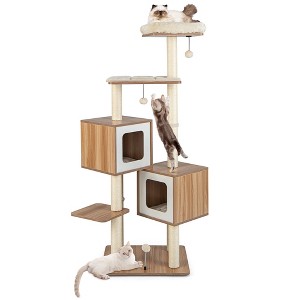 Costway 64.5'' Multi-layer Wooden Cat Tree Indoor Tower Activity Play Center Cat House - 1 of 4