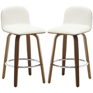 Bekrvio 26" Swivel Counter Height Bar Stools Set of 2 – Mid-Century Modern Upholstered PU Leather & Walnut Bentwood Legs, for Kitchen Island (White) - 1 of 4