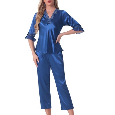 cheibear Women's Satin Silky 3/4 Sleeve Shirt with Long Pajama Pant Soft Pajama Set