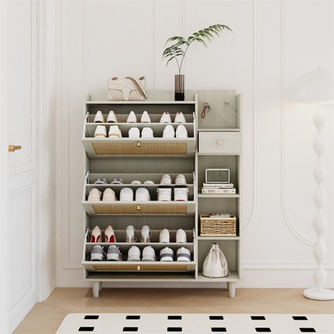 Shoe Rack With 3 Rattan Flap Drawers 3 Square Shelves And 1 Storage Drawer Shoe Organizer With Multiple Storage Spaces And Hooks Target