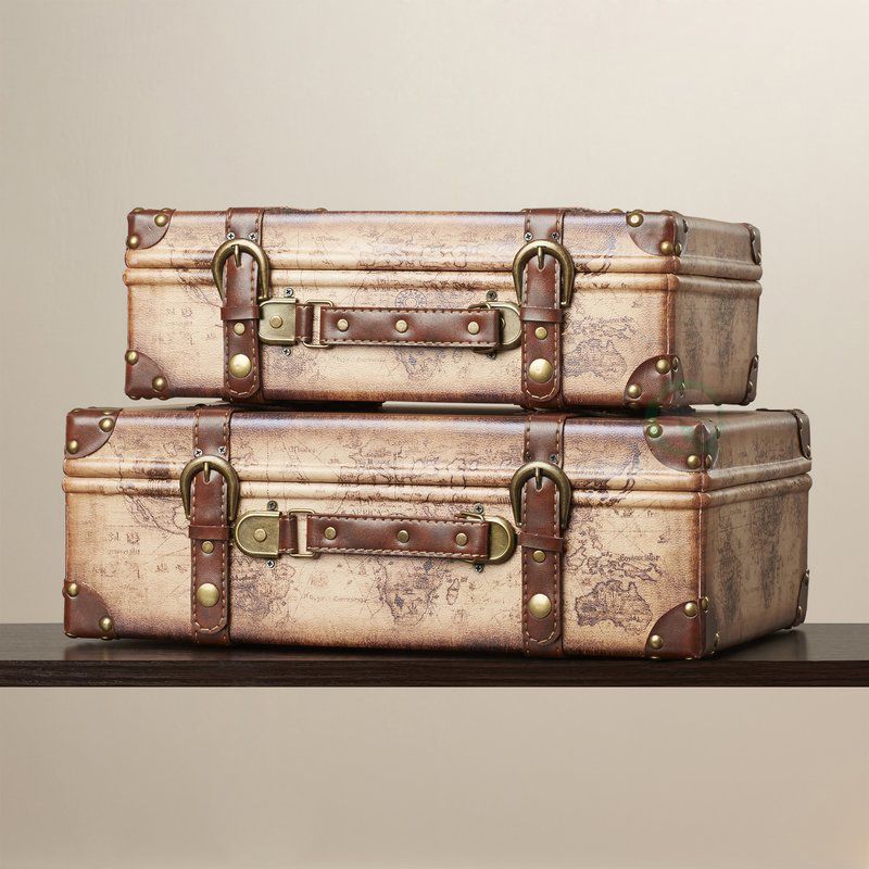Vintiquewise Old World Map Leather Vintage Style Suitcase with Straps, Set of 2, 2 of 6