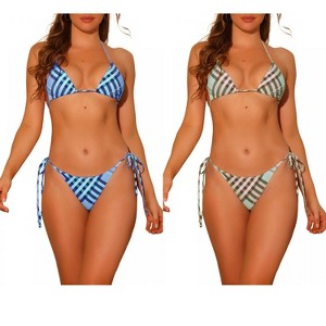INSPIRE CHIC Women's Triangle Halter High Cut Tie Side Plaid Print String Bikini Swimsuits Bathing Suits 2 Sets - 1 of 4