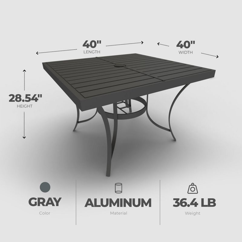 Four Seasons Courtyard Palermo Aluminum Slat Top Outdoor Square Patio Bistro Dining Table with Umbrella Hole and Tapered Leg Design, Gray, 5 of 7