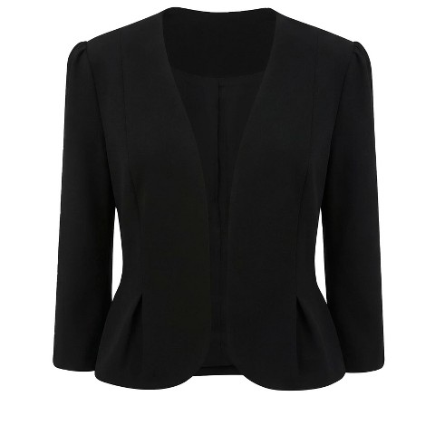 INSPIRE CHIC Women's Work Open Front Collarless Puff 3/4 Sleeve Peplum Blazer Large Black