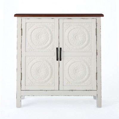 Vynxaria Handcrafted Firwood Cabinet, Distressed White Finish with Brown Top, 14"D x 31.5"W x 32.25"H, Assembly Required, Made in China.