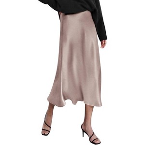 Women's High Waist Satin Midi Skirt - Elegant A-Line Silky Skirt Light Khaki - 1 of 4