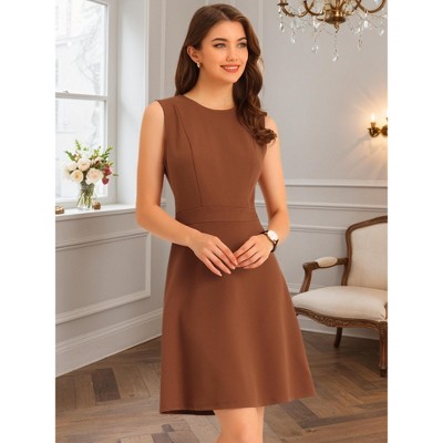 Женские платья INSPIRE CHIC Women's Work Round Neck Solid Color Sleeveless A-Line Casual Office Dresses Brown Small — фото 2
