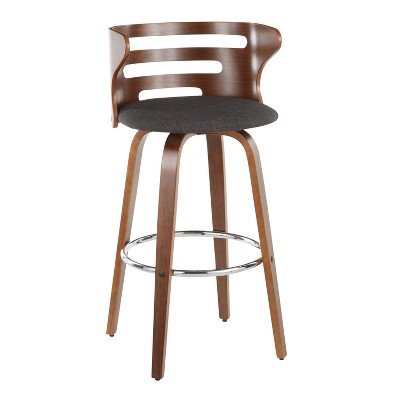 Mid-Century Modern Charcoal Upholstered Swivel Barstool with Walnut Wood