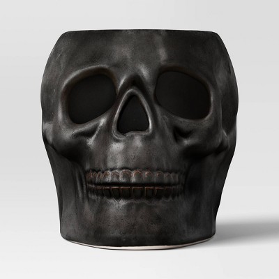 6.12"x8.25" Large Patina Pillar Ceramic Skull Candle Holder Black - Threshold™