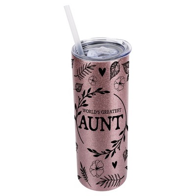 Elanze Designs Floral Bubblegum Pink 20 Ounce Double Wall Stainless Steel Glitter Travel Tumbler With Sliding Lid And Straw, World's Greatest Aunt