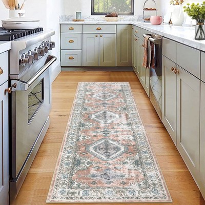 Washable Rugs for Living Room, Vintage Medallion Distressed Print Rug Non-Slip Low Pile Rug for Bedroom, Dining Room