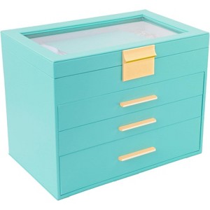 4-Layer Jewelry Box with Glass Lids, White & Black Organizer for Necklaces, Bracelets & Rings, Turquoise - 1 of 4