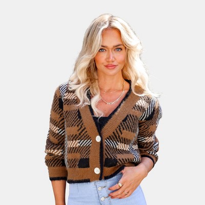 Women's Gingham Button-front V-neck Cropped Cardigan - Cupshe : Target