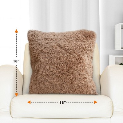 Set of 2 Beige Shaggy Faux Fur Throw Pillows
