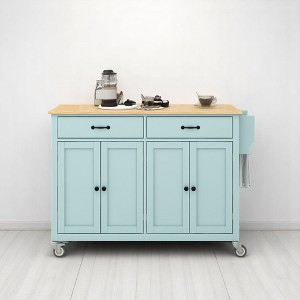 54" Kitchen Island Cart with Solid Wood Top, 4-Door Cabinet, 2 Drawers, Spice & Towel Rack, Adjustable Shelves, Locking Wheels - 1 of 4