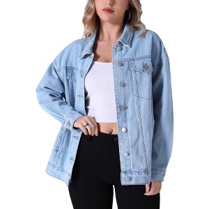 INSPIRE CHIC Women's Long Sleeve Turndown Collar Button Down Oversized Denim Jacket with Pockets - 1 of 4