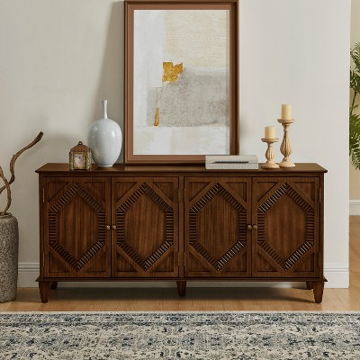 TIRAMISUBEST 65.2" Mid Century Modern Sideboard Buffet Cabinet with Storage, Symmetrical Geometric Accent Coffee Bar Wine Bar Storage Cabine, Brown