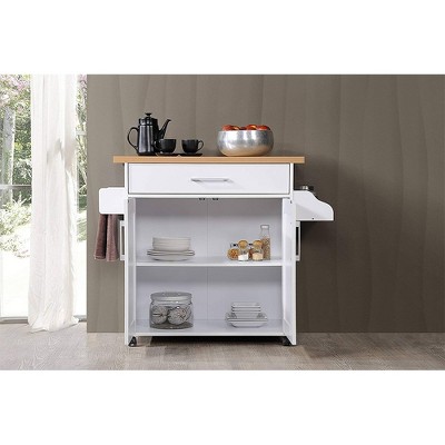 White Kitchen Island with Beech Top, Spice Rack, and Towel Rack