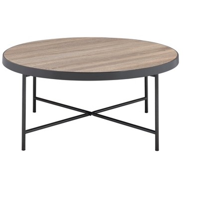Vynxaria Industrial Round Coffee Table with Weathered Gray Oak Top Metal Trim Metal Legs X Crossbar Support 70lbs Weight Limit KD No Storage