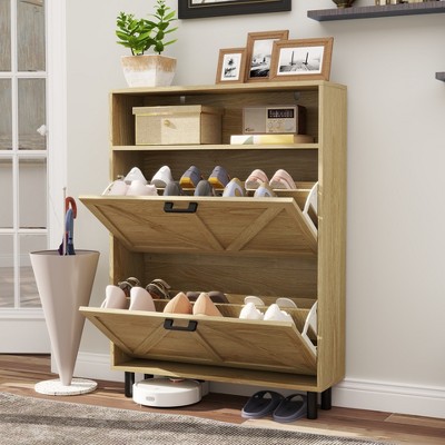 ROOMTEC Farmhouse Shoe Storage Cabinet with Barn Door Design, Freestanding Narrow Shoe Rack Organizer with 2 Flip Drawers for Entryway, Hallway
