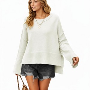 Anna-Kaci Women's Solid Color Pullover Sweater with Wide Ribbed Hem and Relaxed Fit - 1 of 4