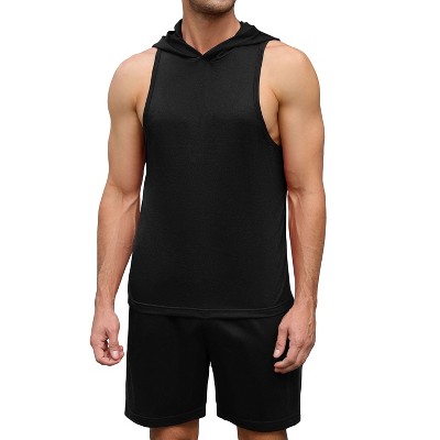 Men's Athletic Tracksuit Set Sleeveless Hooded Tanks Tops Sweatsuit 2 Piece Casual Sports Shorts Set