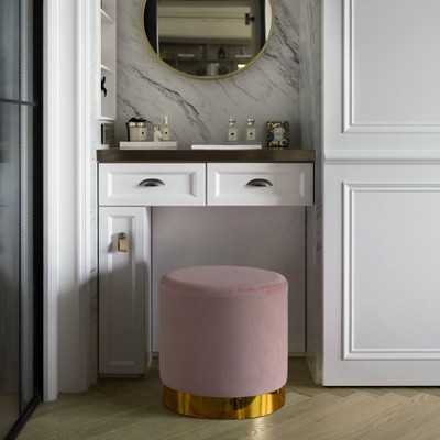 Pink Round Velvet Ottoman Stool with Gold Base, 16"