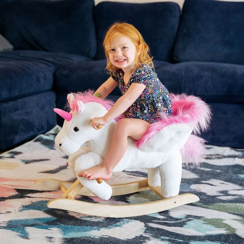 Qaba Kids Rocking Horse, Wooden Plush Ride-On Unicorn Chair Toy with Lullby Song for 18-36 months children, 3 of 10