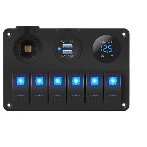Itopfox 6 Gang Marine Rocker Switch Panel Waterproof 12V with Blue LED, USB Port, Cigarette Lighter & Voltmeter for Boats, Cars, RVs, UTVs - 1 of 4