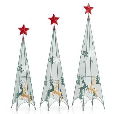 Tangkula 3 Sizes Tower Shaped Christmas Tree Decorations Metal Xmas Decorative Trees with Reindeers & Removable Top Star Christmas Ornament Trees