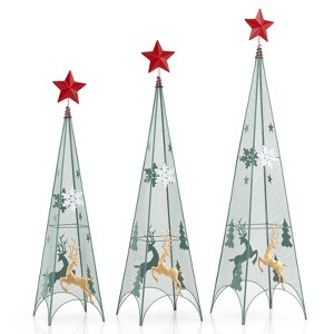Tangkula 3 Sizes Tower Shaped Christmas Tree Decorations Metal Xmas Decorative Trees with Reindeers & Removable Top Star Christmas Ornament Trees - 1 of 4