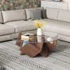 Airsurfer 35.4" Round Glass Top Coffee Table with Geometric Art Decor Walnut Base & Storage Shelves for Living Room - 2 of 4
