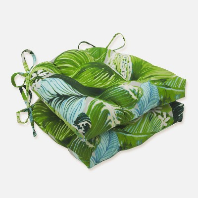 2pk Lush Leaf Jungle Reversible Chair Pads Green - Pillow Perfect: Weather-Resistant, Tufted with Ties
