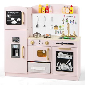 Infans Kids Pretend Play Kitchen Set Wooden Kitchen Playset w/ Fabric Drawer Pink - 1 of 4