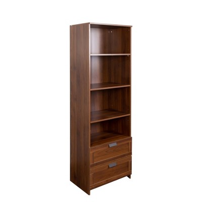 PDTEND 70.87'' Freestanding Modern Bookcase with 4-Tier Shelves and Drawers, Walnut