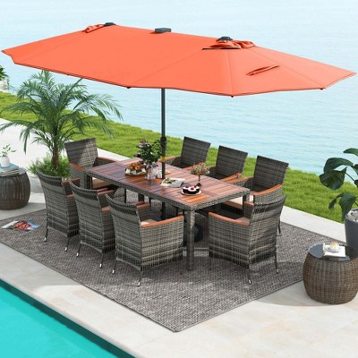 11-Piece Gray Rattan Patio Dining Set with Orange Umbrella