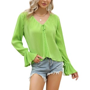 Coolmee Womens Drawstring V Neck Tops Dressy Causal Ruffle Long Sleeve Business Work Blouses Loose Fit Shirts - 1 of 4