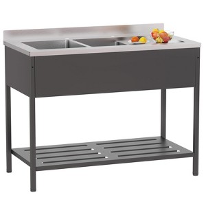 ROVSUN Black Stainless Steel Double Bowl Utility Sink, 47.5"D x 24"W x 38.9"H, Heavy-Duty Freestanding Prep & Cleaning Sink with Faucet for Restaurant - 1 of 4