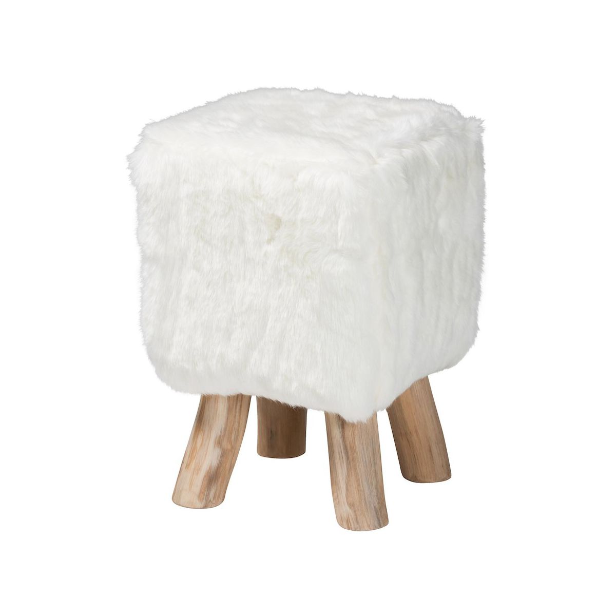 bali & pari,Scotlyn Faux Fur Footstool with Teak Wood Legs - Rustic Boho Accent, White
