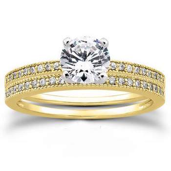 Pompeii3 14K Yellow Gold 3/4ct Round Diamond Vintage Engagement Pave Ring Set