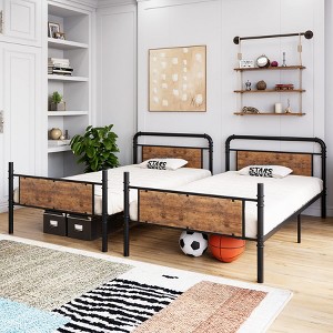 Bunk Bed Twin Over Twin with Ladder and High Guardrail, Twin Size Convertible Metal Bunk Beds for Teens/Adults, No Box Spring Needed,Vintage Brown - 1 of 4