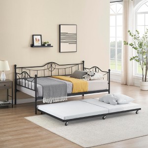 Twin Daybed with Trundle, Twin Daybed and Pull Out Trundle Set, Metal Sofa Bed Frame with Steel Slat Support - 1 of 4