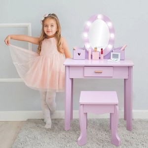 Kids Vanity with Lighted Mirror, Makeup Table and Stool for Girls, Vanity Table and Chair Set with Wood Makeup Playset,Purple - 1 of 4
