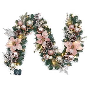 Christmas Garland with Lights, 6ft Prelit Outdoor Christmas Garland with Timer 20 LED Lights Pinecones Rose Gold Ball Ornaments - 1 of 4